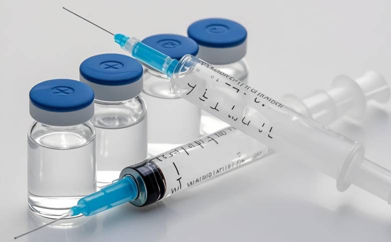疫苗接种简约风格透明玻璃瓶蓝色针头注射器医疗用品商业照片（商业使用） (1).jpg